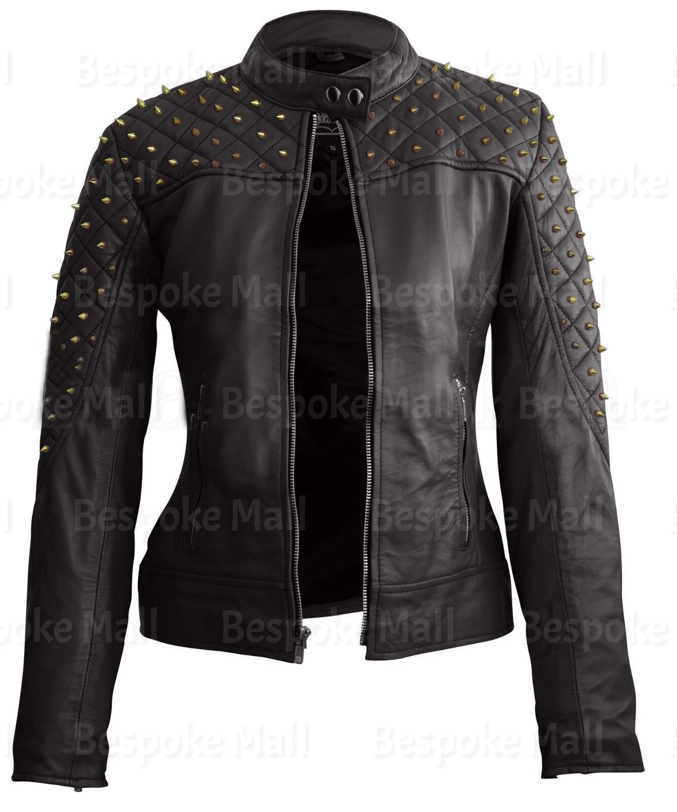 New Black Quilted Golden Spiked Cowhide Leather Jacket for Women Rockstar Style-203