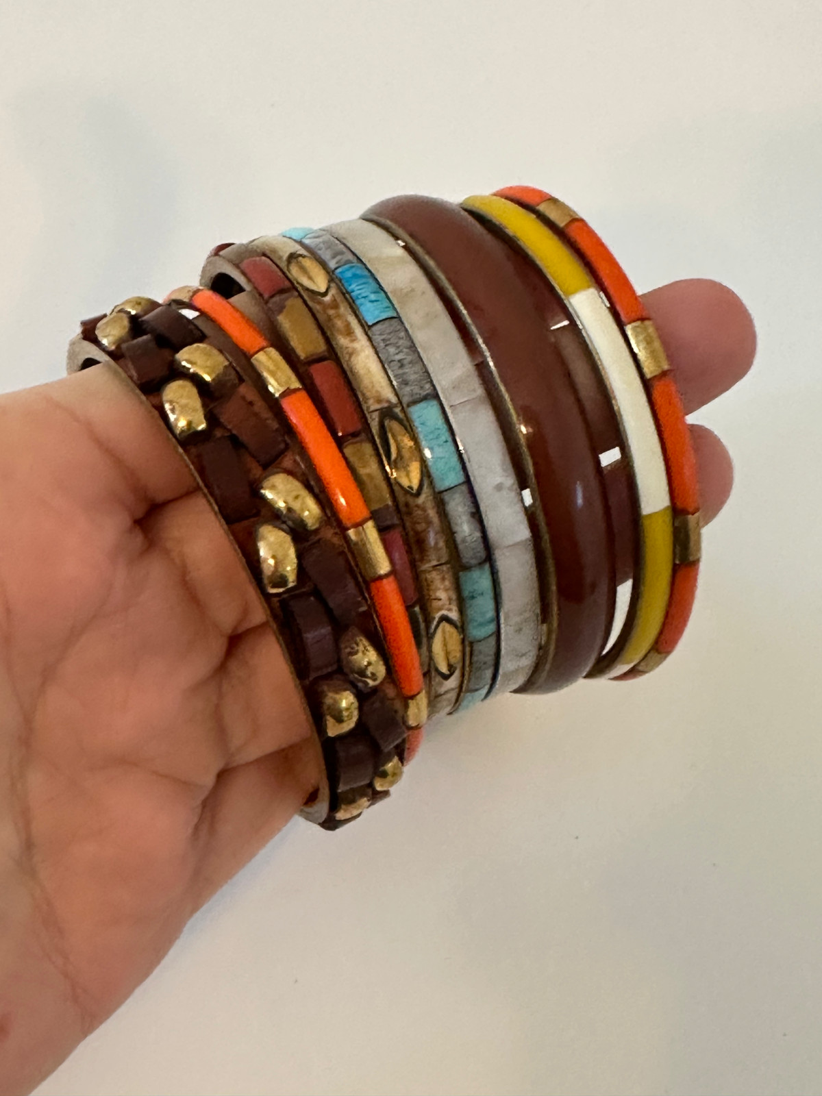 VTG Bangle Stackable Brown Orange Shell Wood Leat… - image 2