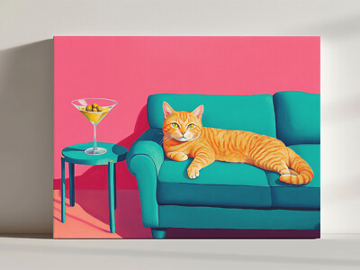 Ingwer Katze mit Martini Leinwandbild Kunst, süß schrullig skurril fein Wandbild