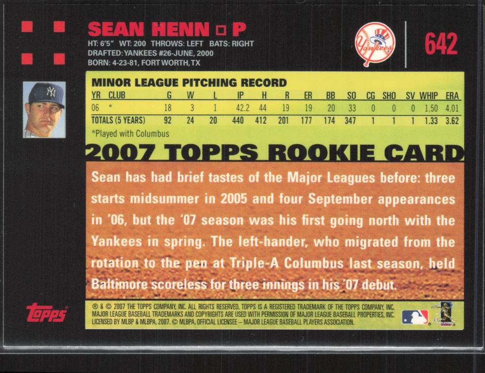 2007 Topps #642 Sean Henn Red Back New York Yankees Rookie - Image 2 of 2