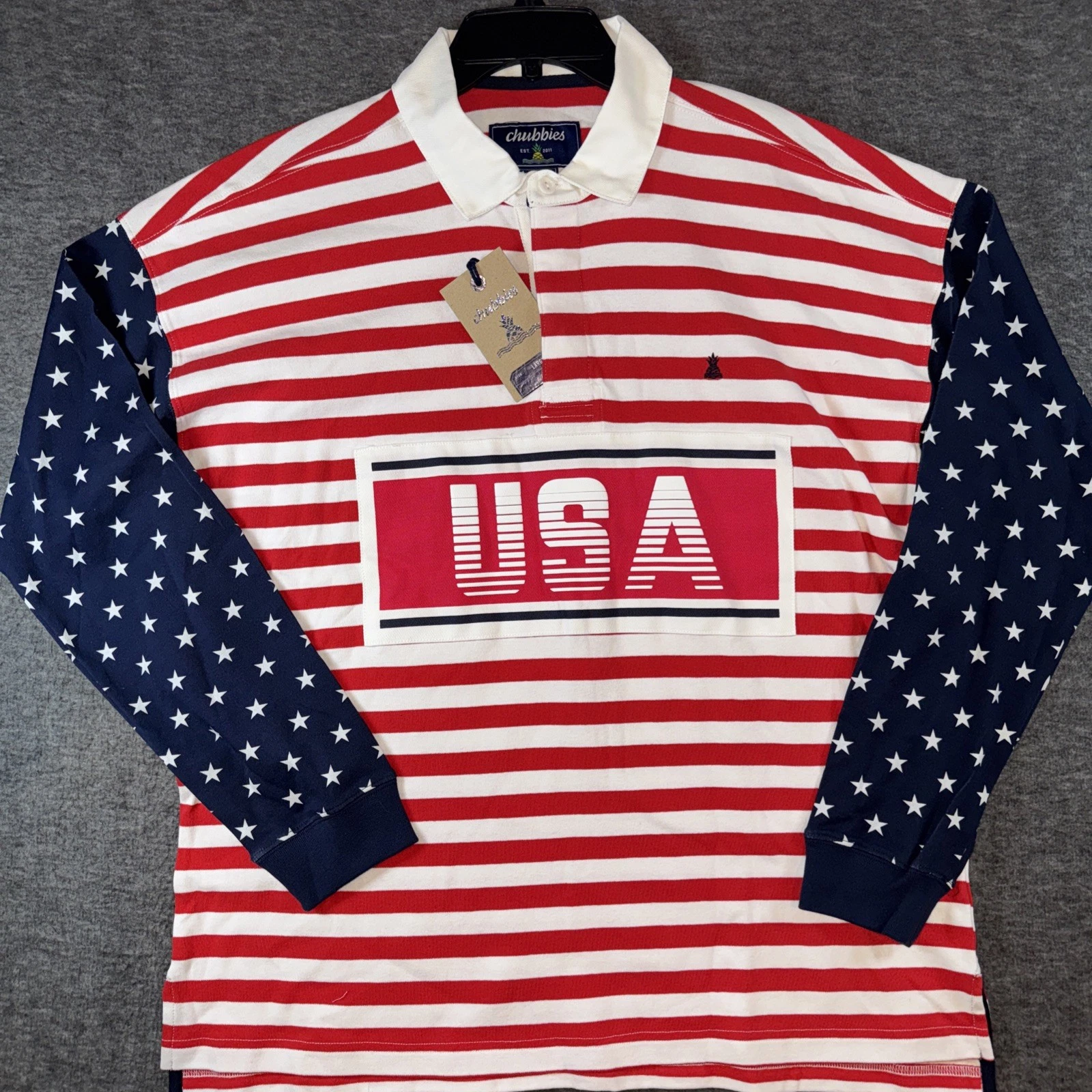 Chubbies Men Legacy Rugby Polo Shirt USA Patriotic Print Red White Blue XXL NEW
