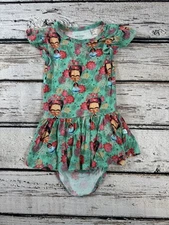 Posh Peanut Bamboo Frida Kahlo Print Twirl Dress Bodysuit Green Sz 12-18m