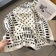 100% Mulberry Silk 27" Square Scarf Women Neckerchief Wrap White Black Geomteric