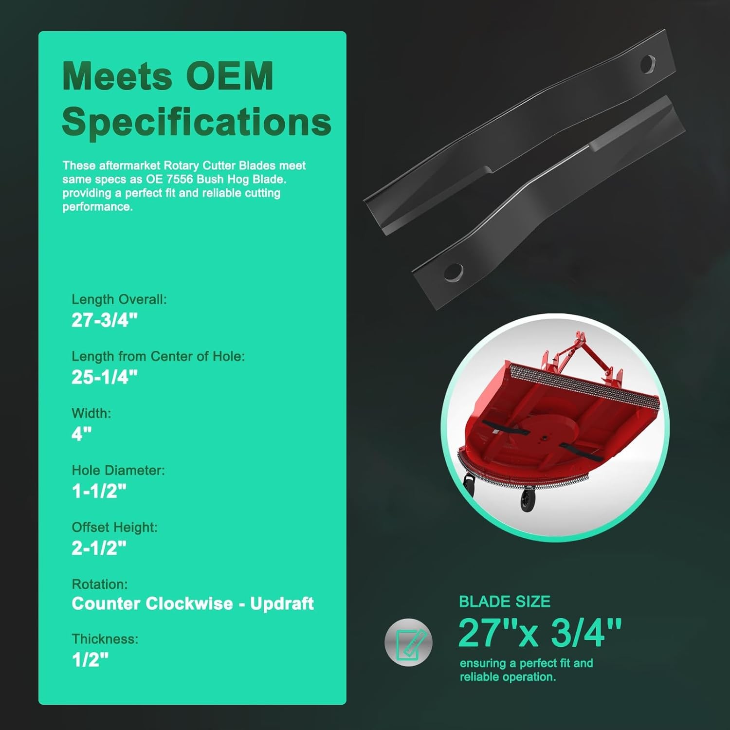 7556 Rotary Cutter Blades 27" x3/4" Lawn Mower Blades For Bush Hog, 2 Blade Set