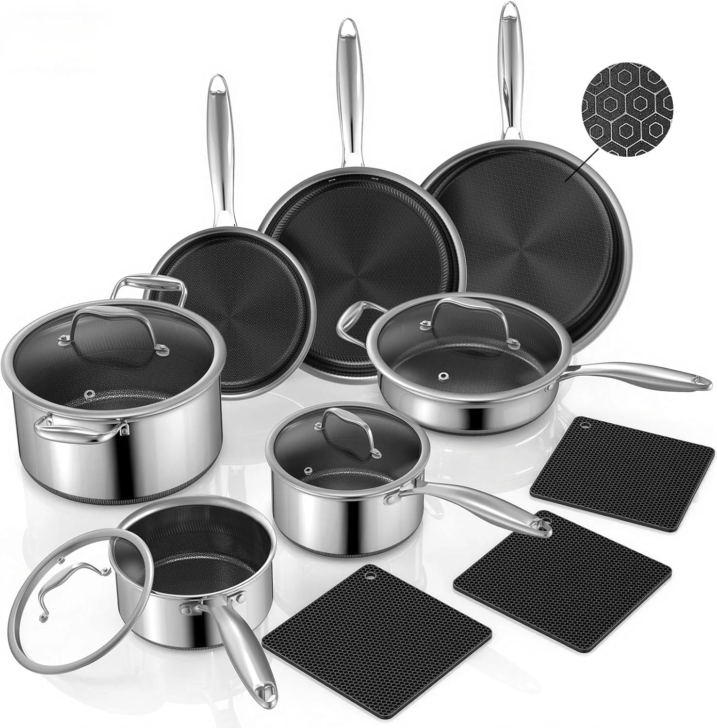 14-Piece Hybrid Stainless Steel Non-Stick Cookware Set, Induction Safe