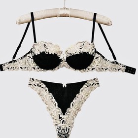 VINTAGE Y2K Lise Charmel Lingerie Set Black Pliss&eacute; Silk Lace Demi Bra 32C ThongS