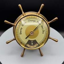 Vintage Nautical Ship Wheel Barometer Thermometer Desk Weather Station MCM Brass