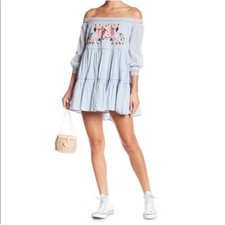 Free People Sunbeams Embroidered Mini Dress Blue Women's Size Medium