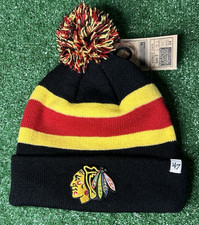 NHL Chicago Blackhawks Pom Beanie Hat Cap '47 Brand Black Red Yellow, New