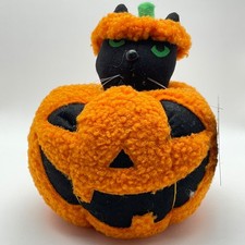 Halloween Black Cat In Pumpkin Plush Tabletop Decor Spooky Fuzzy 7" Ashland NEW