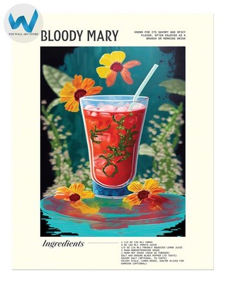 Bloody Mary Cocktail Rezept Poster Blumen Bar Wandbild 12X16/16X20/18X24/24X36