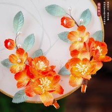 Orange Velvet Flower Hair Clips Set Chinese Style Hanfu Hair Accessories 1 Pair