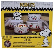 Peanuts Snoopy 8 Piece Ceramic Food Storage set Bowls With Lids Cherries Costco