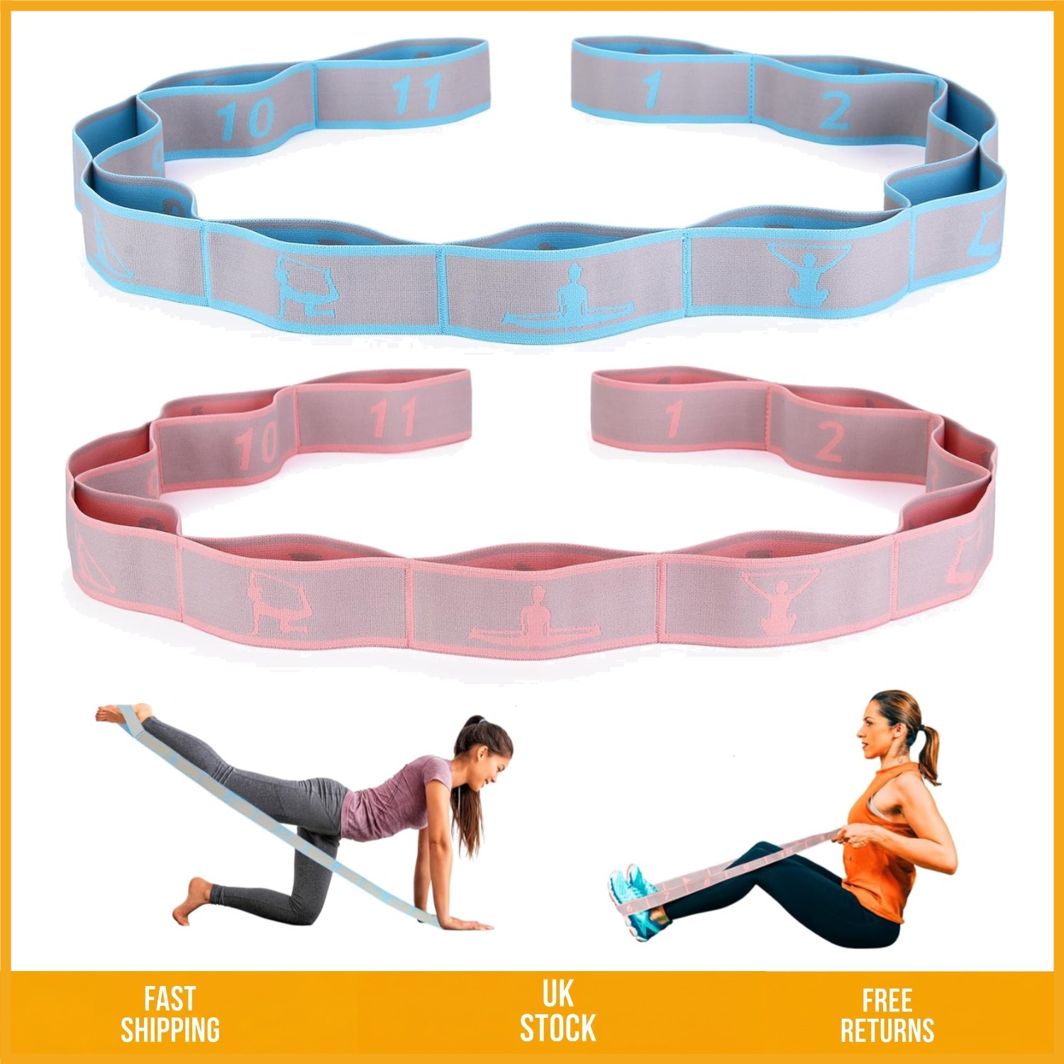 Elastic Yoga Stretching Strap Long Fabric Exercise Band 11 Loops Pack of 2