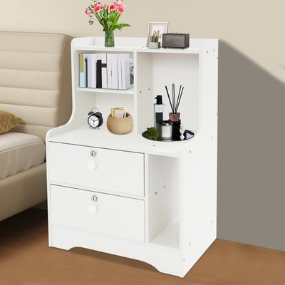 2 Drawers Side Table, White Storage Cabinet, Nightstand, Bedside Table W/ 4*Keys