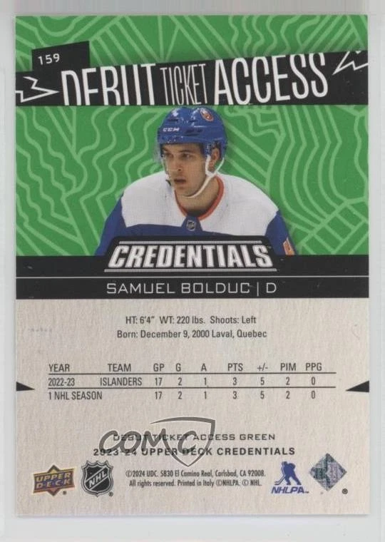 2023-24 Credentials Debut Ticket Access Green /25 Samuel Bolduc #159 Rookie RC - Image 2 of 2