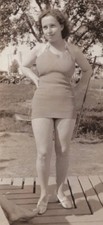 1930s Pretty Woman in Swimwear Standing on Dock Vintage Summer Style