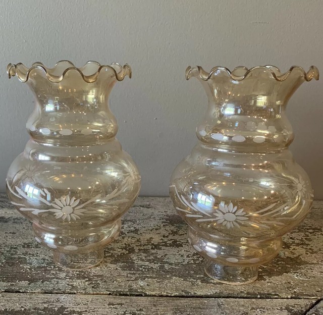 Set Of Matching Vintage Tinted Glass Crimped Fluted Top Chimney Oil