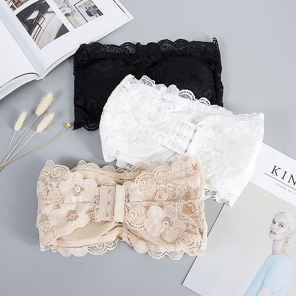 Lace Bustier Back Closure Strapless Tube Top Crop Top Bralette Padded Bra