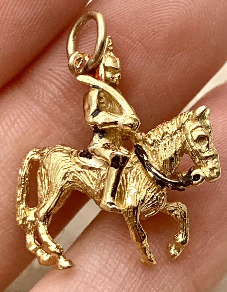 Vintage 9k Solid Yellow Gold British Soldier Sword Horse Enamel Charm Pendant
