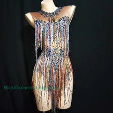 Nightclub Costume Sparkly Colorful Crystals Sequins Fringed Bodysuit Bar Leotard