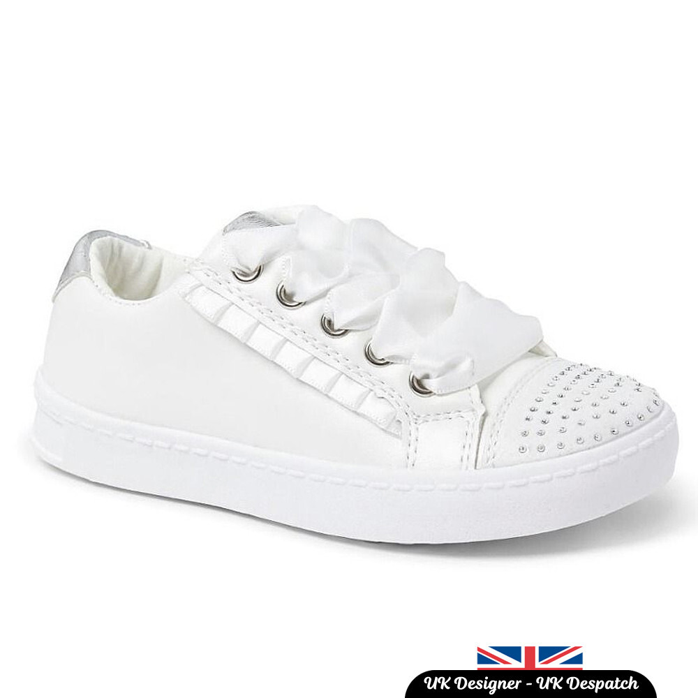 Girls Communion Shoes Pumps Trainers Wedding Satin Ribbon Lace Up