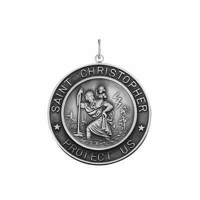 Men's 925 Sterling Silver St Christopher Round Antique 32.5mm Pendant