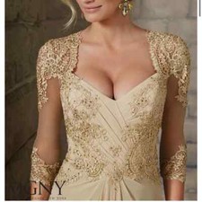 NWT $548 VM COLLECTION V-NECKLINE BEADED LACE APPLIQUE CHAMPAGNE EVENING GOWN-4