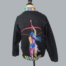 Vintage Womens Art Jean Jacket Large Black Native American