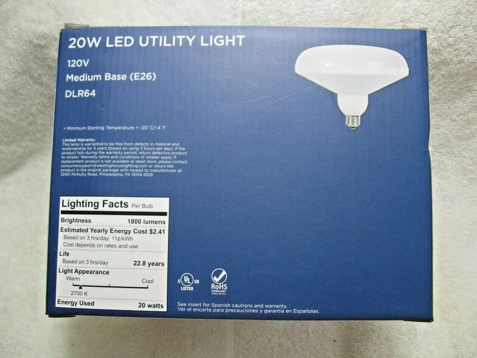 WESTINGHOUSE 100 Watt LED Equivalent Uses 20 Watts UTILITY LIGHT Damp Rated-$AVE - Image 2 of 4