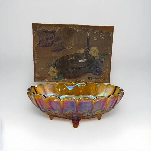 Vintage Indiana Iridescent Gold Oval Center Bowl 1198 Carnival Glass w Box USA