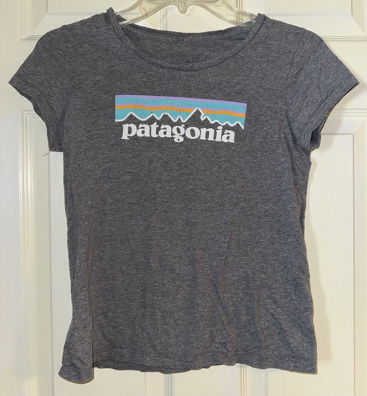 Girls PATAGONIA gray Logo Short Sleeve Organic Cotton T-shirt Top Sz Large