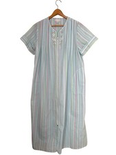 Miss Elaine Seersucker Nightgown Small Zip Front House Dress Pockets Stripes