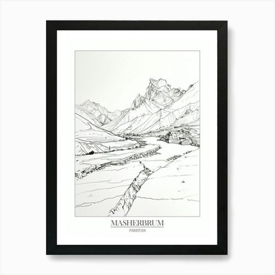 Masherbrum Pakistan Linienzeichnung 3 gerahmte Wandbilder Poster Leinwanddruck Bild