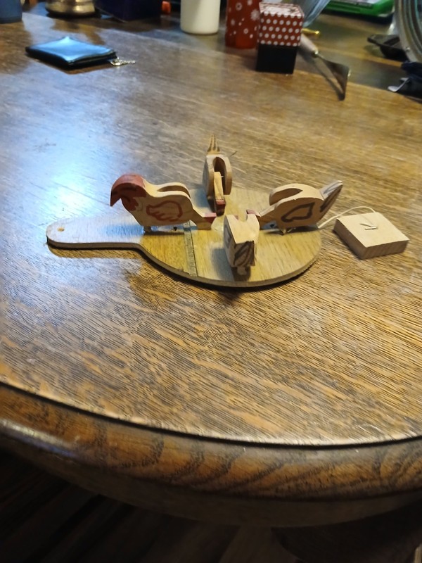 Vintage Handmade Wood Pecking Chicken  Carved Paddle Toy, Rare Folk Art