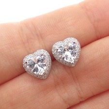 925 Sterling Silver Heart  Round-Cut C Z Stud Earrings