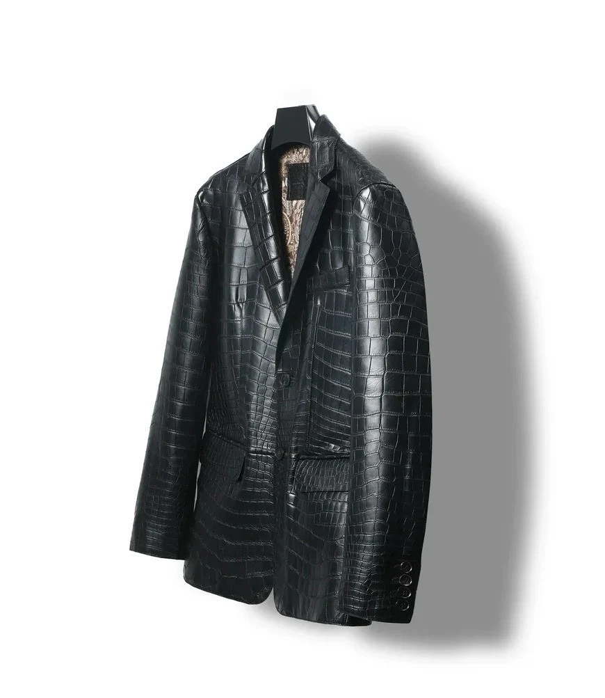 Men's Black Leather Blazer Regular Fit Real Luxury Crocodile Pattern Formal Coat - product detail image 2