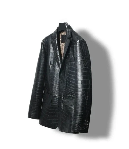 Men's Black Leather Blazer Regular Fit Real Luxury Crocodile Pattern Formal Coat image 2