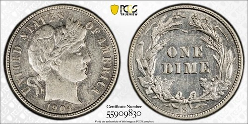 10c 1904-S Barber Dime PCGS AU Detail CLEANED *  AvenueCoin