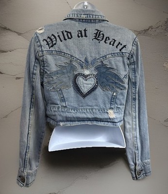Z CAVARICCI Denim Jacket Womens S Distressed Cropped Wild At Heart Embroidered
