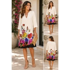 Karen Kane Optic Bloom Floral Shift Dress Cream V-Neck Long Sleeve Large 1L39216