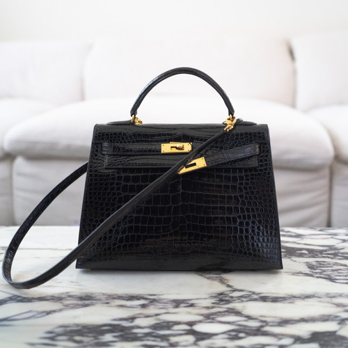 Hermès Black Shiny Porosus Crocodile Sellier Kelly 32 Gold Hardware 1997 w/ COA