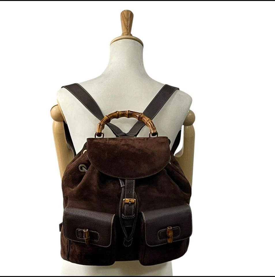 Mochila Gucci Vintage Marrón Gamuza y Cuero Bambú - Icónica Años 90 Lujo Foto 4 de 4