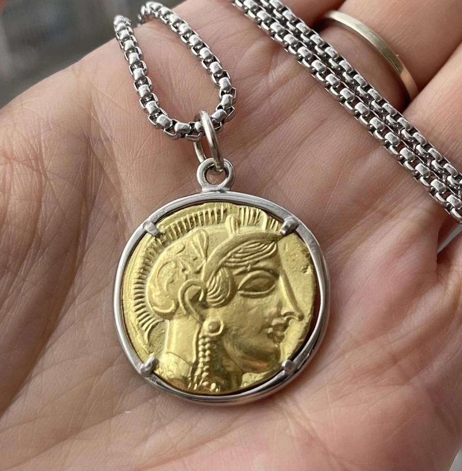 Collar colgante moneda Atenea pájaro búho griego antiguo cobre vintage para hombre Foto 4 de 4