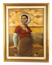 SIN TÍTULO (MUJER CAMPESINA RECOGIENDO TRIGO) POR RODOLFO CAMPODONICO ÓLEO SOBRE LIENZO