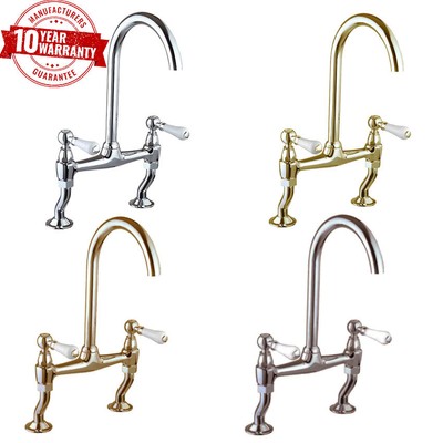 Traditional 2 Hole Kitchen Sink Bridge Mixer Tap Classic White