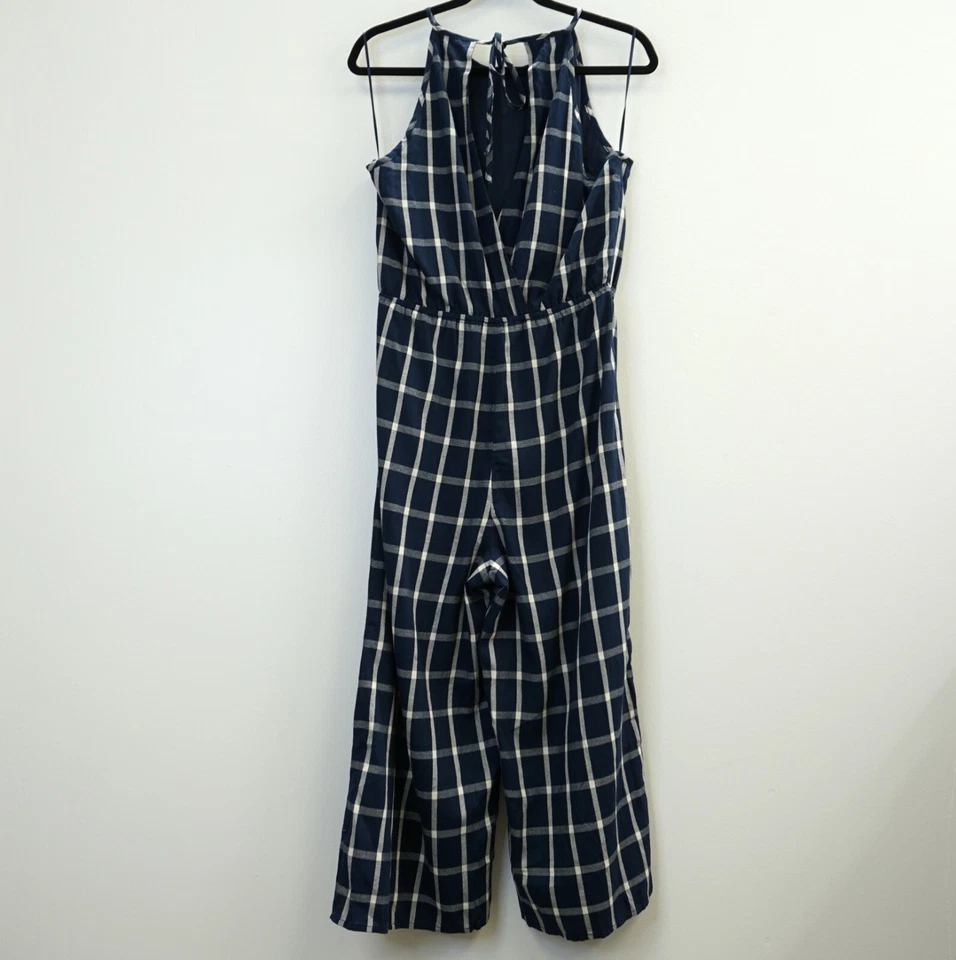 Maison Jules Womens Romper Neck Tie Back Windowpane Plaid Jumpsuit Blue L $79 - Image 2 of 4