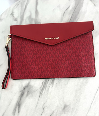 MICHAEL KORS MK Signature Women s Large Clutch Leather Envelope Flap Red