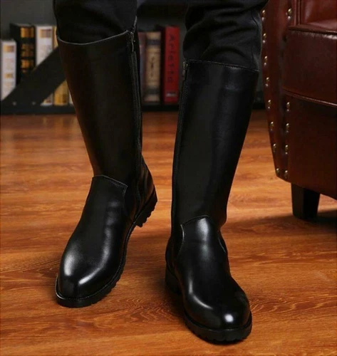 Herren Schwarz Leder Kniehoch Reitstiefel Runde Spitze Seitlicher Reißverschluss Kampfschuhe Größe - Bild 8 von 12
