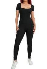OQQ Black Short-Sleeve Scoop Neck Full-Length Bodysuit Womens Size L